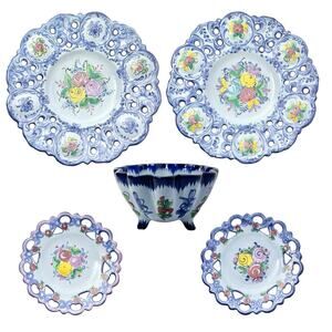 1970s 5-Piece Vintage Vestal Alcobaca Portugal Reticulated Pottery Bowl & Plates